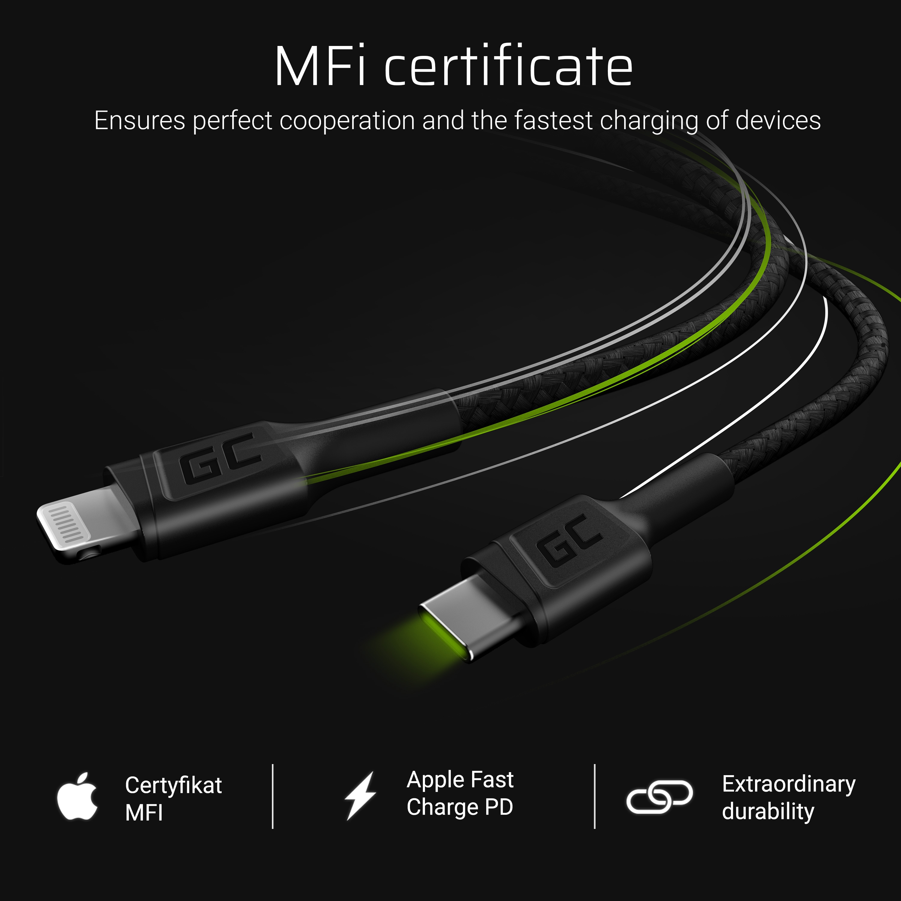 Cabo USB-C para Lightning Green Cell Power Stream 1m MFi | JVS Informática